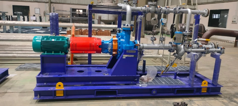 A fully assembled industrial pump skid package integrating electric motor, gearbox, pump, valves, piping, and instrumentation on a single rigid base frame. Engineered for easy transportation, quick site installation, and reliable operation in process and utility applications.